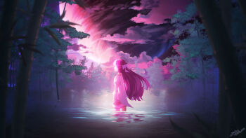 1girl a-1_pictures artist_name bow cloud commentary dated dawn dress english_commentary from_behind hair_bow half_updo highres jupiter_(planet) lake long_hair making-of_available outdoors pink_hair planet porter_robinson_(copyright) rin_(shelter) scenery shelter_(song) shijohane short_dress solo standing sunlight tree wading water white_bow white_dress wide_shot