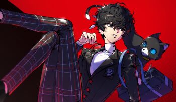 1boy amamiya_ren bag black_background black_cat black_hair black_jacket blazer blue_sclera breast_pocket cat collared_shirt colored_sclera emblem eye_contact glasses highres holding holding_removed_eyewear jacket legs_up looking_at_another male_focus morgana_(cat)_(persona_5) morgana_(persona_5) pants parted_lips persona persona_5 persona_5_the_royal plaid_clothes plaid_pants pocket red_background school_bag school_uniform shirt short_hair shuujin_academy_school_uniform themoonrabbit turtleneck turtleneck_shirt tuxedo_cat two-tone_background unworn_eyewear white_shirt yellow_collar