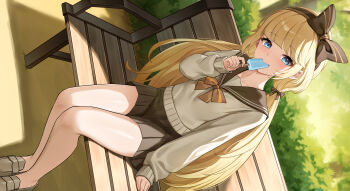 1girl absurdres bench black_sailor_collar blonde_hair blue_eyes bow brown_bow commentary commission day dutch_angle eating english_commentary food hair_bow highres holding holding_food holding_popsicle long_hair long_sleeves looking_at_viewer lunacle original outdoors popsicle sailor_collar school_uniform serafuku sitting skirt sweater twintails very_long_hair yellow_bow