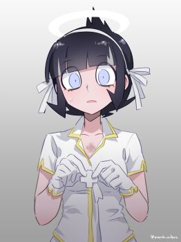 1girl absurdres angel azazel_(helltaker) black_hair blue_eyes blunt_bangs burn_scar cross eyes_visible_through_hair gloves gradient_background grey_background hair_ribbon hairband halo helltaker highres holding holding_cross looking_at_viewer noah_(tettsui-sole) open_mouth ribbon scar short_hair short_sleeves solo sweatdrop twitter_username white_gloves white_hairband white_ribbon