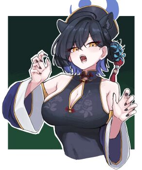 Rule 34 | 1girl, animal ears, black dress, black hair, black nails, blue archive, blue hair, breasts, china dress, chinese clothes, cleavage, cleavage cutout, clothing cutout, colored inner hair, commentary request, cropped torso, dress, eiraku tee, extra ears, fangs, hair bun, halo, highres, jiangshi costume, kaguya (blue archive), large breasts, looking at viewer, multicolored hair, open mouth, orange eyes, panther ears, panther girl, sideless dress, single hair bun, solo, v-shaped eyebrows