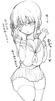 1girl :o breasts breasts_squeezed_together cleavage cool-kyou_shinja greyscale highres huge_breasts long_hair long_sleeves looking_at_viewer monochrome neckerchief niyodogawa_yuzu no_dickey open_mouth original pleated_skirt sailor_collar school_uniform serafuku side_ponytail sidelocks skindentation skirt sleeves_past_wrists solo sound_effects thighhighs translation_request zettai_ryouiki