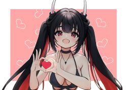 Rule 34 | 1girl, azur lane, bikini, black hair, blush, breasts, choker, collarbone, commentary request, finger heart, hatsuzuki (august&#039;s first romance) (azur lane), hatsuzuki (azur lane), highres, horns, long hair, looking at viewer, medium breasts, open mouth, phoenix (lanzilong646), red eyes, smile, solo, swimsuit, twintails, upper body, very long hair