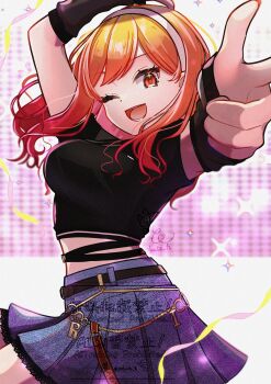 1girl alternate_costume arm_warmers black_arm_warmers black_shirt blue_skirt commentary_request demon_horns highres hololive hololive_dev_is horns ichijou_ririka looking_at_viewer medium_hair open_mouth orange_eyes orange_hair pointing pointing_at_viewer shirt skirt smile solo virtual_youtuber yokuto