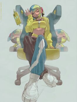 1girl aqua_hair bandeau black_mask blonde_hair blue_eyes blue_nails boots breasts canari_(pokemon) chair character_doll commentary_request criss-cross_straps dark-skinned_female dark_skin doll gen_4_pokemon highres jacket large_breasts long_sleeves looking_at_viewer mask mask_pull mega_stone mouth_mask multicolored_hair mumumi navel nintendo on_chair one_eye_closed open_mouth pants parted_lips pokemon pokemon_(creature) pokemon_legends:_z-a rotom rotom_phone short_twintails sitting solo split-color_clothes split-color_hair sports_bra stuffed_toy swivel_chair twintails two-tone_hair two-tone_mask two-tone_pants white_boots yellow_bandeau yellow_jacket yellow_mask yellow_nails yellow_sports_bra