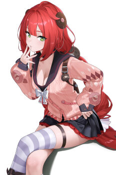 1girl absurdres black_choker black_sailor_collar black_skirt bow bowtie breasts cable_knit cardigan choker cleavage closed_mouth commentary crossed_legs finger_to_mouth green_eyes hair_ornament hand_on_own_hip highres ir_who light_smile long_hair long_sleeves looking_at_viewer medium_breasts miniskirt pink_cardigan pleated_skirt red_hair sailor_collar simple_background single_thighhigh sitting skindentation skirt solo striped_clothes striped_thighhighs thigh_strap thighhighs ukinami_yuzuha very_long_hair white_background zenless_zone_zero