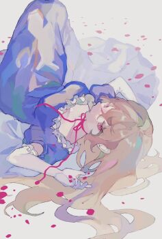 1girl blonde_hair breasts closed_mouth commentary_request dress elbow_gloves expressionless full_body gloves long_hair looking_at_viewer lying medium_breasts on_back petals puffy_short_sleeves puffy_sleeves purple_dress purple_eyes red_ribbon ribbon shinjitsu_no_kuchi short_sleeves solo touhou white_background white_gloves yakumo_yukari