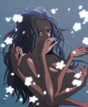 1girl black_hair breasts closed_mouth commentary extra_arms falling_flower floating_hair highres large_breasts long_hair looking_at_viewer nico_robin nude one_piece smile solo symbol-only_commentary tomatop upper_body