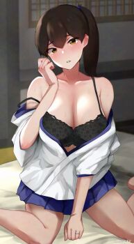 1girl black_bra black_hair blue_hakama bra breasts brown_eyes cleavage commentary_request commission futon hakama hakama_skirt japanese_clothes kaga_(kancolle) kantai_collection kimono kimono_partially_removed large_breasts long_hair looking_at_viewer mani_oniniku side_ponytail sitting skeb_commission skirt solo strap_slip underwear wariza white_kimono