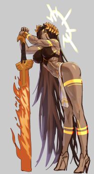 1girl breasts brown_hair choker commentary dark-skinned_female dark_skin emperor_of_mankind english_commentary genderswap genderswap_(mtf) head_wreath highres holding holding_weapon large_breasts laurel_crown long_hair podobrick solo sword tall_female toned toned_female very_long_hair warhammer_40k weapon