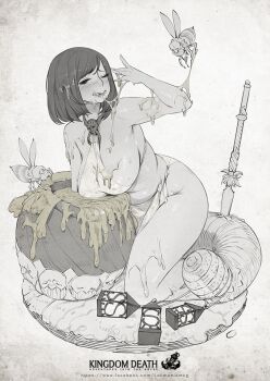 1girl bee blush breasts bug cleavage copyright_name full_body greyscale honey insect kingdom_death kneeling large_breasts licking_lips loincloth lokman_lam medium_hair monochrome one_eye_closed solo tongue tongue_out watermark web_address white_background worm