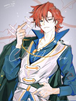 1boy artist_name belt black_cape blue_eyes blue_shirt blush brown_eyes cale_henituse cape chain character_name collarbone collared_shirt finger_heart grey_background hand_on_own_hip hand_up highres holding hxp0614 jacket jewelry light_blush light_smile long_sleeves looking_at_viewer lout_of_count&#039;s_family male_focus necklace red_hair shirt short_hair simple_background smile solo sparkle star_(symbol) teeth twitter_username vest white_belt white_jacket white_vest