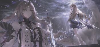 2girls anklet armor bare_shoulders black_collar black_dress blonde_hair blue_eyes breasts cartethyia_(wuthering_waves) cloud cloudy_sky collar crown crown_of_thorns dress dual_persona earrings enkiou fleurdelys_(wuthering_waves) floating_crown hashtag-only_commentary highres holding holding_sword holding_weapon horns jewelry large_breasts long_horns multiple_girls pointy_ears shoulder_armor single_horn sky sword tabard tacet_mark_(wuthering_waves) waves weapon white_tabard wuthering_waves yellow_horns