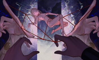 1boy 4girls bound cat's_cradle constantine_(reverse:1999) dark_background doll doll_joints grey_hair hair_bun hand_focus hands_up highres isabella_(reverse:1999) joints long_sleeves medium_hair mesmer_jr. mini_person minigirl multiple_girls no_nipples nude pov pov_hands reverse:1999 single_side_bun string the_ring_(reverse:1999) vertin_(reverse:1999) weishanli4