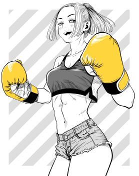 1girl boxing_gloves breasts cleavage commentary_request cowboy_shot crop_top denim denim_shorts diagonal-striped_background forehead gloves greyscale hatching_(texture) highres lee_(dragon_garou) linea_alba medium_breasts midriff monochrome navel open_mouth original ponytail short_shorts shorts smile solo spot_color striped_background yellow_gloves