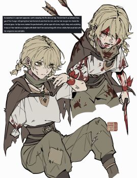 1girl absurdres alternate_costume amputee arrow_(projectile) blonde_hair blood braid capelet commentary dagger english_commentary flying-frappuccino genshin_impact highres holding holding_dagger holding_knife holding_weapon jahoda_(genshin_impact) knife open_mouth shirt short_hair star-shaped_pupils star_(symbol) symbol-shaped_pupils torn_clothes twin_braids weapon white_shirt yellow_eyes