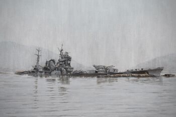 absurdres atelier_bono cannon cruiser highres imperial_japanese_navy military_vehicle ocean original painting_(medium) port ruins ship ship_turret shipwreck sky sun_glare tone_(heavy_cruiser) traditional_media warship watercolor_(medium) watercraft world_war_ii