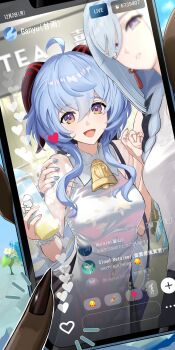 3girls absurdres bell black_nails blue_hair blue_nails braid cellphone cellphone_photo dress ganyu_(genshin_impact) ganyu_(heytea)_(genshin_impact) genshin_impact goat_horns highres horns kokuusinsin long_hair low-braided_long_hair low-tied_long_hair multiple_girls neck_bell official_alternate_costume parted_lips phone purple_eyes screen shenhe_(genshin_impact) shenhe_(heytea)_(genshin_impact) sidelocks sleeveless sleeveless_dress smartphone white_dress xianyun_(genshin_impact)