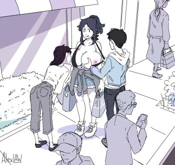 3boys 3girls alex_law artist_name bag bare_arms bare_shoulders baseball_cap bent_over bisexual_female black_hair bracelet breast_sucking breasts breasts_out bush cellphone change_in_common_sense clothes_around_waist clothes_pull collarbone commentary_request denim denim_shorts from_above from_behind full_body glasses grabbing_another&#039;s_breast grey_pants grey_sweater groping halter_shirt halterneck hand_on_own_leg hat highres holding holding_bag holding_phone hood hooded_jacket huge_breasts jacket jewelry limited_palette long_sleeves multiple_boys multiple_girls muted_color navel nipples original outdoors pants phone ponytail public_indecency public_nudity road shirt_pull shoes shopping_bag short_hair short_shorts shorts sidelocks sidewalk smartphone smile standing strap_pull street sweater sweater_around_waist window |_|