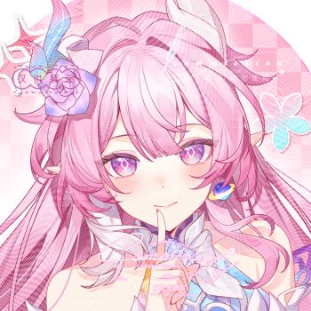 1girl abby_riddle adversarial_noise bare_shoulders chinese_commentary closed_mouth commentary commentary_request commission cyrene_(honkai:_star_rail) cyrene_(ripples_of_past_reverie)_(honkai:_star_rail) diamond-shaped_pupils diamond_(shape) english_commentary finger_to_mouth fingernails flower hair_flower hair_ornament honkai:_star_rail honkai_(series) index_finger_raised light_blush long_hair mixed-language_commentary nail_polish pink_nails pointy_ears purple_eyes purple_flower purple_rose rose shushing sidelocks smile solo symbol-shaped_pupils watermark