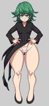 1girl abs bare_legs breasts cameltoe collared_dress covered_erect_nipples dress duo_kawa female_focus full_body gluteal_fold green_eyes green_hair hands_on_own_hips looking_at_viewer matching_hair/eyes one-punch_man short_hair small_breasts solo tatsumaki thick_thighs thighs wide_hips