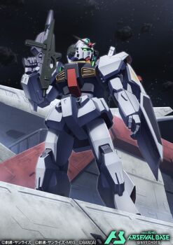 aeug argama bandai beam_rifle commentary_request copyright_notice energy_gun green_eyes gundam gundam_arsenal_base gundam_mk_ii logo mecha mecha_focus mixed-language_text mobile_suit no_humans official_art realistic robot scene_reference science_fiction shield siratori_(yy_203) space star_(sky) takeoff title v-fin weapon window zeta_gundam