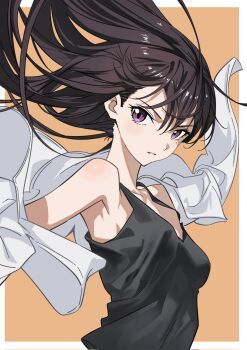 1girl bang_dream! bang_dream!_it's_mygo!!!!! black_hair black_tank_top border breasts brown_background commentary hair_between_eyes hashtag-only_commentary highres jacket kissshotmagia long_hair looking_at_viewer medium_breasts mole mole_under_eye open_clothes open_jacket outside_border parted_lips purple_eyes shiina_taki simple_background solo tank_top upper_body white_border white_jacket