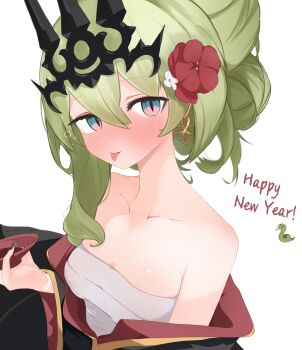 1girl alcohol black_kimono black_nails chest_sarashi chinese_zodiac closed_mouth collarbone commentary crown cup earrings english_commentary english_text flower green_eyes green_hair hair_bun hair_flower hair_ornament happy_new_year highres holding holding_cup honkai_(series) honkai_impact_3rd japanese_clothes jewelry kimono looking_at_viewer mobius_(honkai_impact) nail_polish new_year red_flower sake samate sarashi simple_background single_earring slit_pupils tongue tongue_out white_background year_of_the_snake