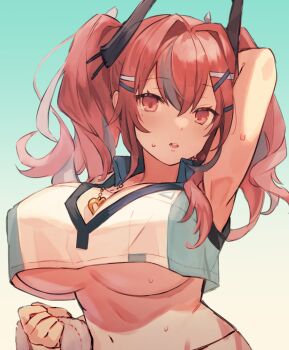 1girl arm_up armpits azur_lane blush breasts bremerton_(azur_lane) bremerton_(scorching-hot_training)_(azur_lane) collared_shirt commentary_request crop_top crop_top_overhang gradient_background hair_between_eyes hair_intakes hair_ornament hairclip headgear heart heart_necklace highres jewelry large_breasts mole mole_under_eye multicolored_hair navel necklace necklace_between_breasts orqz parted_lips red_eyes red_hair shirt simple_background sleeveless sleeveless_shirt solo streaked_hair sweat underboob upper_body