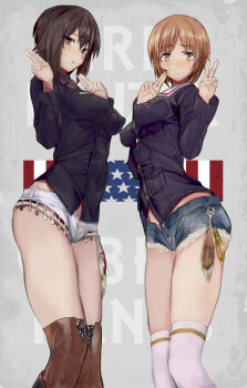 Rule 34 | 10s, 2girls, american flag, bad id, bad pixiv id, black jacket, blue jacket, blue shorts, blush, brown eyes, brown hair, brown legwear, chaps, clonebody, commentary request, denim, denim shorts, embarrassed, flag background, from side, frown, girls und panzer, impossible clothes, impossible jacket, jacket, kuromorimine military uniform, long sleeves, military, military uniform, multiple girls, nishizumi maho, nishizumi miho, ooarai military uniform, over-kneehighs, print legwear, short hair, short shorts, shorts, siblings, sisters, skindentation, smile, standing, sweatdrop, text background, thighhighs, unbuttoned, white legwear, white shorts