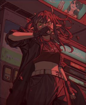 1girl ad angry antennae broken_antenna catching crop_top daidouji_akane fingerless_gloves gloves green_eyes highres indoors jacket leather leather_jacket long_hair midriff milky_galactic_universe milky_subway open_clothes open_jacket sleeves_rolled_up solo tomoja_rs train_interior