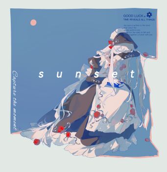 Rule 34 | 1girl, absurdres, blue sky, border, closed eyes, covered mouth, dress, flower, frills, full body, highres, juliet sleeves, long hair, long sleeves, original, petals, puffy sleeves, red flower, red petals, red rose, rose, shadow, shen a fang, sitting, sky, solo, sun, thorns, very long hair, watermark, white border, white hair