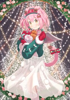 Rule 34 | 1girl, absurdres, ahoge, angel wings, animal ears, aran sweater, arch, arknights, bloomers, blue bow, blush, bow, box, bracelet, braid, braided hair rings, cable knit, cat ears, cat girl, cat tail, christmas, christmas lights, christmas present, clip studio paint (medium), closed mouth, commentary request, cover image, double-parted bangs, feathered wings, feet out of frame, floppy ears, floral arch, flower, frilled skirt, frills, fur-trimmed sleeves, fur-trimmed sweater, fur trim, gift, gift bag, gift box, goldenglow (arknights), goldenglow (maiden for the bright night) (arknights), green bow, green sweater, hair bow, hair ornament, hair rings, hairband, highres, hugging object, infection monitor (arknights), jewelry, kneehighs, long skirt, looking at viewer, multiple hair bows, orange bag, oyuyu yuyu, partial commentary, pink bow, pink flower, pink hair, pink rose, pink tail, pom pom (clothes), red bow, red hairband, rose, see-through clothes, see-through skirt, shorts, shorts under skirt, sideways glance, skirt, smile, socks, solo, standing, sweater, tail, tail bow, tail ornament, tail raised, underwear, white bloomers, white flower, white rose, white shorts, white skirt, white socks, white wings, wings, wire frame christmas tree, x hair ornament, yellow eyes