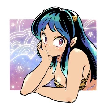 1girl animal_print black_hair border closed_mouth commentary_request cone_horns dramatica eyelashes highres horns long_hair looking_at_viewer lum outside_border pink_eyes pointy_ears smile solo star_(symbol) tiger_print urusei_yatsura white_border