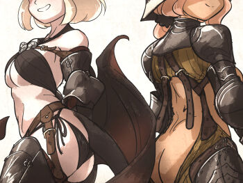 2girls armor ass blonde_hair breasts butt_crack clinye_(ironlily) commentary demon_girl demon_tail demon_wings ebenholz_(ironlily) english_commentary eyes_out_of_frame head_out_of_frame ironlily medium_breasts multiple_girls naked_armor open_mouth original pink_hair sallet short_hair simple_background smile tail white_background wings