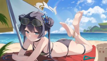 Rule 34 | 1girl, alternate costume, aqua eyes, arm strap, artist request, barefoot, beach, bikini, black bikini, black hair, blue archive, blush, day, double bun, feet, hair bun, halo, highres, kisaki (blue archive), long hair, looking at viewer, lying, ocean, on stomach, outdoors, parasol, parted lips, sand castle, sand sculpture, soles, solo, swimsuit, twintails, umbrella, water