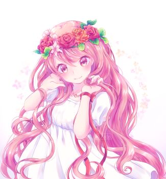 1girl absurdres arm_ribbon artist_name blush clip_studio_paint_(medium) commentary dress fingernails floral_background flower head_wreath highres holding holding_own_hair jewelry leaf making-of_available necklace orange_flower orange_rose original pink_eyes pink_flower pink_hair pluvias puffy_short_sleeves puffy_sleeves red_flower red_ribbon red_rose redrawn ribbon rose selena_(pluvias) short_sleeves smile white_dress wrist_ribbon