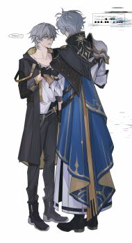 Rule 34 | 2boys, absurdres, antenna hair, armor, back, belt, black boots, black coat, black gloves, black pants, blue cape, boots, caelus (honkai: star rail), cape, coat, confession, english text, fingerless gloves, glitch, gloves, grey belt, grey hair, hair between eyes, half-closed eyes, hand up, highres, holding hands, honkai: star rail, honkai (series), hood, hooded coat, jacket, lapels, long sleeves, looking at another, male focus, mays20621, multiple boys, open clothes, open coat, open mouth, pants, phainon (honkai: star rail), shirt, short hair, shoulder armor, simple background, speech bubble, standing, sun symbol, sweatdrop, t-shirt, trailblazer (honkai: star rail), two-sided cape, two-sided coat, two-sided fabric, white background, white jacket, white shirt, yaoi, yellow cape, yellow coat, yellow eyes