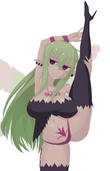 1girl aloe_(ishuzoku_reviewers) arm_tattoo bags_under_eyes black_boots black_shirt boots breasts chest_tattoo closed_mouth cropped_shirt dot_nose ear_piercing fairy fairy_wings female_focus fingernails full_body green_hair high_heel_boots high_heels ishuzoku_reviewers johnny_tanaka large_breasts leg_tattoo leg_up long_hair long_pointy_ears looking_at_viewer nail_polish navel no_pupils panties piercing pointy_ears purple_eyes purple_panties red_nails shirt shortstack simple_background smile smug solo split standing standing_on_one_leg stomach_tattoo strapless strapless_shirt tattoo thigh_boots thighs underwear variant_set white_background wings