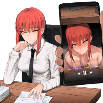 1girl :&gt;= black_necktie blush braid braided_ponytail breasts cellphone censored chainsaw_man chair closed_mouth collared_shirt desk dress_shirt erection expressionless fellatio furrowed_brow hair_between_eyes hetero holding holding_phone juxtaposition long_sleeves looking_down makima_(chainsaw_man) male_pubic_hair medium_breasts medium_hair mikafen multiple_views necktie nose_bubble oral paper penis phone photo_comparison pubic_hair red_hair ringed_eyes shirt sidelocks simple_background sitting smartphone solo_focus sweat topless_female upper_body white_background white_shirt wing_collar yellow_eyes