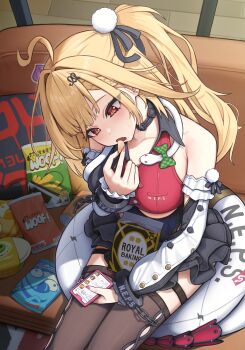 1girl absurdres bag_of_chips black_ribbon black_skirt blonde_hair blush breasts cellphone chalky_(zenless_zone_zero) chips_(food) cissia_(zenless_zone_zero) commentary_request eating food hair_ribbon highres holding holding_food holding_phone icetea_art large_breasts nail_polish open_mouth phone pink_nails red_eyes ribbon sitting skirt smartphone snake snake_girl snake_tail solo tail underboob zenless_zone_zero