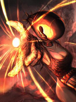1girl apron black_apron black_gloves bomb_devil_(chainsaw_man) breasts chainsaw_man cleavage commentary_request destruction dynamite explosive gloves highres imminent_attack large_breasts night object_head outdoors outstretched_arm smoke solo torufe