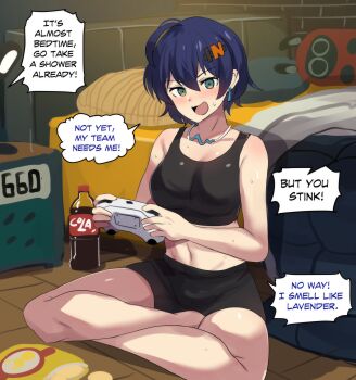 1girl :d absurdres barefoot bed bedroom belle_(zenless_zone_zero) black_shorts black_sports_bra blue_hair breasts cleavage cola collarbone commentary controller earrings english_commentary english_text game_controller hair_ornament highres hinghoi holding holding_controller holding_game_controller indoors jewelry letter_hair_ornament looking_at_viewer navel open_mouth pillow plastic_bottle short_hair shorts sitting smile solo speech_bubble sports_bra stomach thighs tongue zenless_zone_zero