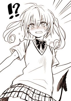 1girl blush breasts demon_tail embarrassed furrowed_brow highres looking_at_viewer nana_asta_deviluke nervous open_mouth sainan_high_school_uniform school_uniform short_hair shy small_breasts solo sweatdrop tail to_love-ru to_love-ru_darkness to_love-ru_darkness_2nd twintails yabuki_kentarou