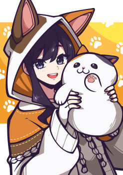 1girl animal animal_ear_hood bacon_strips black_hair blue_eyes cat commentary commission english_commentary fake_animal_ears fat_cat_(ff14) final_fantasy final_fantasy_xiv flat_chest gloves highres holding holding_animal holding_cat hood hoodie looking_at_viewer open_mouth partially_fingerless_gloves paw_print paw_print_background second-party_source smile solo teeth upper_body upper_teeth_only warrior_of_light_(ff14) white_gloves white_hoodie