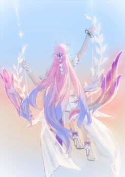 1girl 54cr back blue_hair bow bracelet cyrene_(honkai:_star_rail) cyrene_(ripples_of_past_reverie)_(honkai:_star_rail) dress gradient_hair hair_ornament high_heels highres honkai:_star_rail honkai_(series) jewelry long_hair multicolored_hair on_swing pink_hair shoes solo swing tailcoat white_dress white_shoes