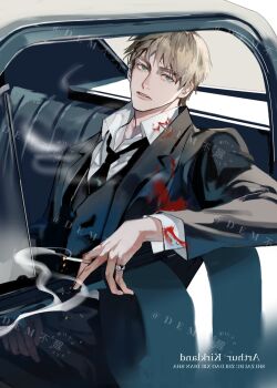 1boy axis_powers_hetalia blonde_hair blood blood_on_clothes cigarette collared_shirt green_eyes highres holding holding_cigarette jacket jewelry long_sleeves looking_at_viewer male_focus necktie parted_lips ring rouye801 shirt short_hair smoke solo thick_eyebrows united_kingdom_(hetalia)