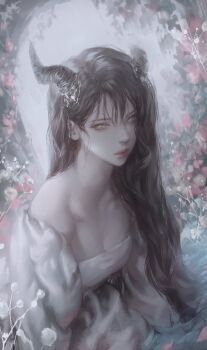 1girl bad_id bad_twitter_id bare_shoulders black_horns brown_hair closed_mouth dragon_girl dragon_horns dress floral_background haji_(h0aj1) highres horns lips long_hair long_sleeves looking_at_viewer nose original puffy_long_sleeves puffy_sleeves solo tagme upper_body very_long_hair white_dress yellow_eyes