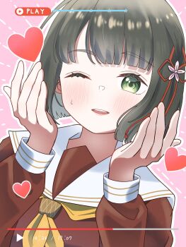 1girl black_hair blunt_bangs blunt_ends blush bob_cut brown_dress commentary_request dress fake_phone_screenshot fake_screenshot flower flower_knot green_eyes hair_flower hair_ornament hasu_no_sora_school_uniform heart highres love_live!_hasu_no_sora_jogakuin_school_idol_club long_sleeves looking_at_viewer love_live! momose_ginko neckerchief okome_(okome_l_l) open_mouth pink_background pink_flower sailor_collar sailor_dress school_uniform short_hair simple_background smile solo sweatdrop teeth upper_body upper_teeth_only user_interface virtual_youtuber white_sailor_collar winter_uniform yellow_neckerchief