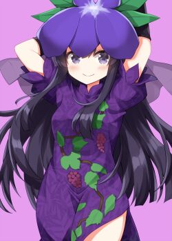 1girl arms_up black_hair blush breasts closed_mouth commentary cowboy_shot dress floral_print flower flower_on_head grey_eyes highres long_hair looking_at_viewer medium_breasts pink_background print_dress purple_dress ruu_(tksymkw) short_sleeves simple_background smile solo touhou yomotsu_hisami